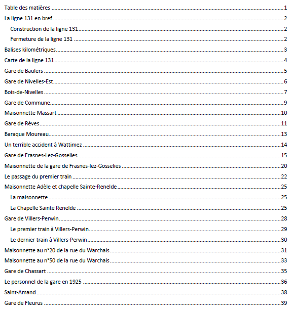 Table des matière de la Ligne 131 en images